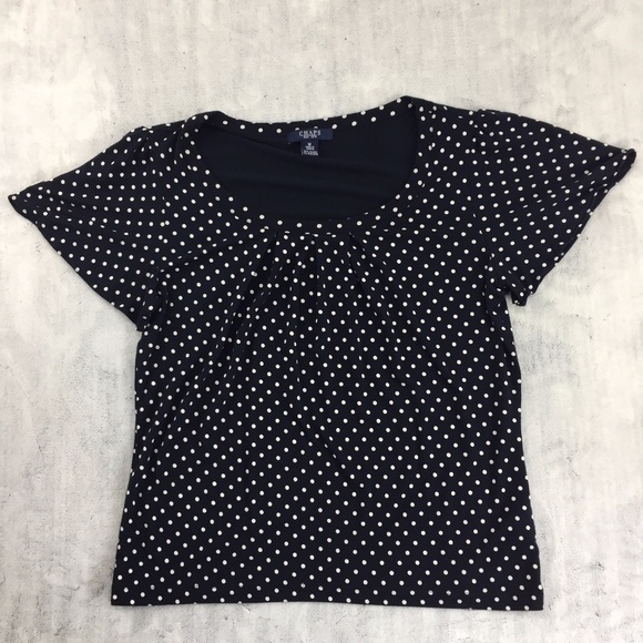 Chaps Polkadot Tee Navy Blue with Pleated Collar - Picture 1 of 6